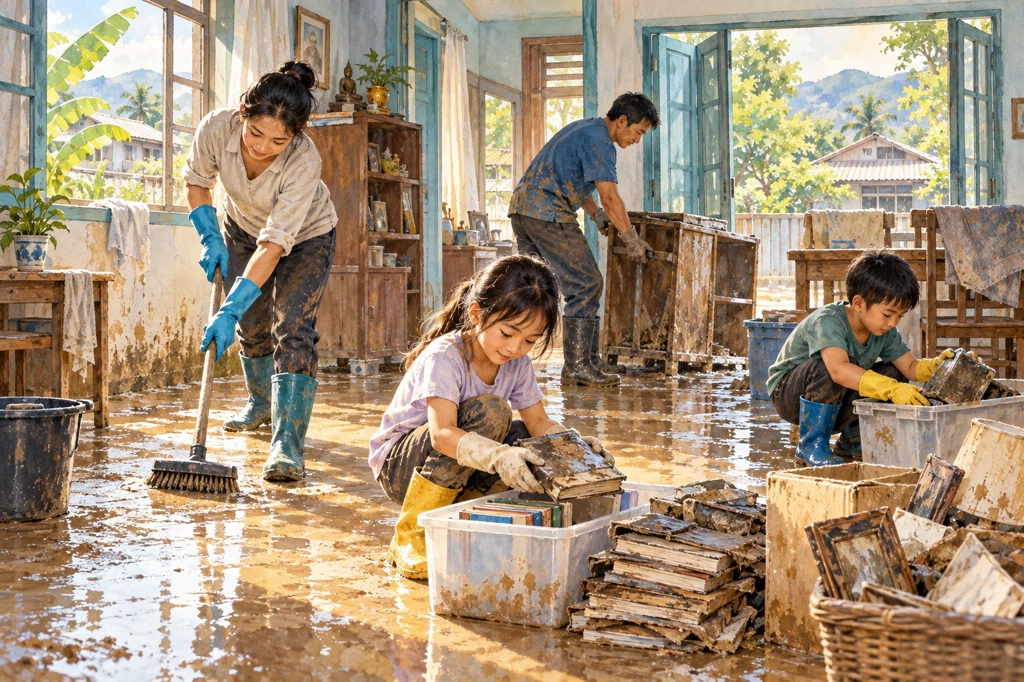 ภาพวาดครอบครัวทำความสะอาดบ้านหลังน้ำท่วมโดยสวมรองเท้าบูตและถุงมือ พร้อมเปิดหน้าต่างระบายอากาศ