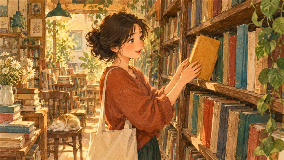ภาพวาดผู้อ่านค้นพบหนังสือที่ถูกใจในร้านหนังสือมือสอง