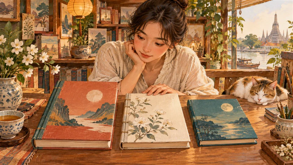 ภาพวาดหนังสือสามฉบับที่มีรูปเล่มและหน้าปกต่างกัน