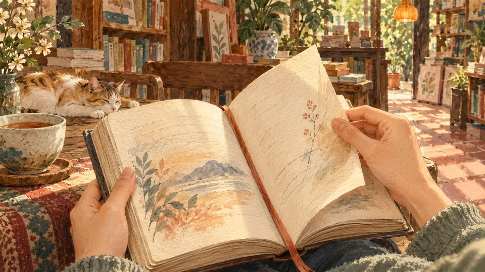 ภาพวาดมือพลิกหนังสือเก่าที่มีร่องรอยการอ่านอย่างอ่อนโยน