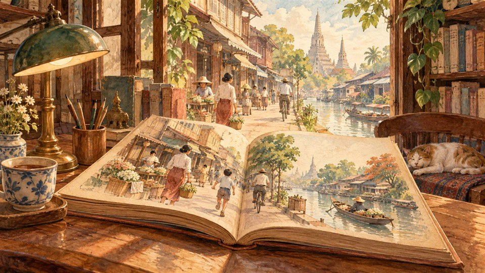 ภาพวาดหนังสือเปิดเป็นหน้าต่างสู่บรรยากาศเมืองในวันวาน