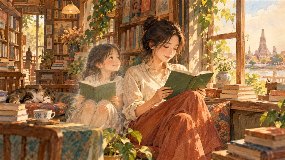 ภาพวาดผู้อ่านกลับมาอ่านหนังสือเล่มเดิมกับความทรงจำวัยเด็ก