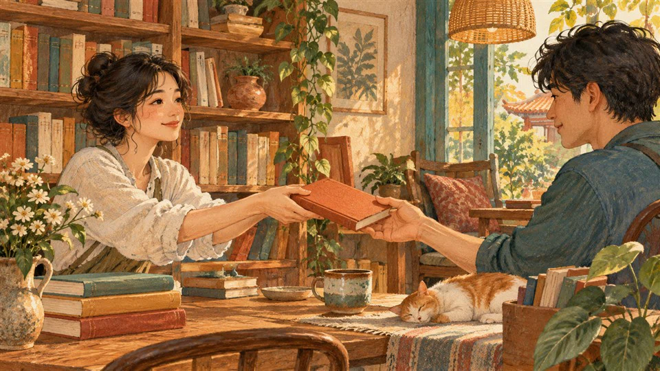 ภาพวาดการส่งต่อหนังสือจากผู้อ่านคนหนึ่งสู่อีกคน