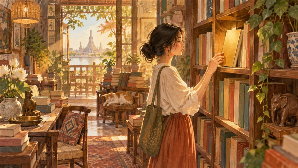 ภาพวาดผู้อ่านหยุดดูหนังสือที่สะดุดใจบนชั้น