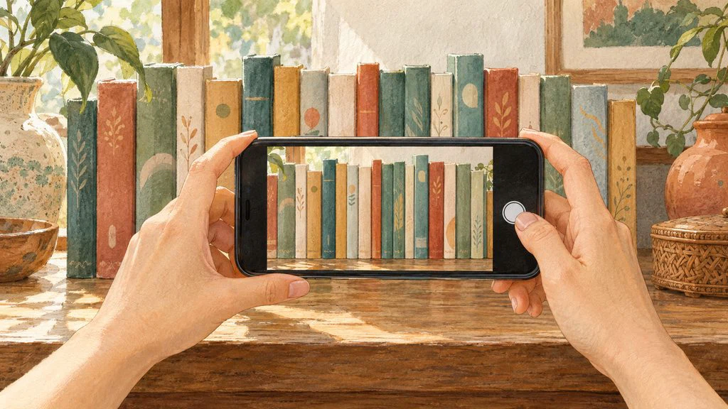 ภาพวาดการใช้โทรศัพท์ถ่ายสันหนังสือมือสองเพื่อเตรียมส่งประเมินราคา