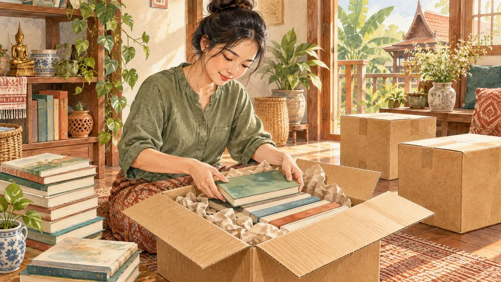 ภาพวาดการแพ็กหนังสือมือสองลงกล่องพร้อมวัสดุกันกระแทก