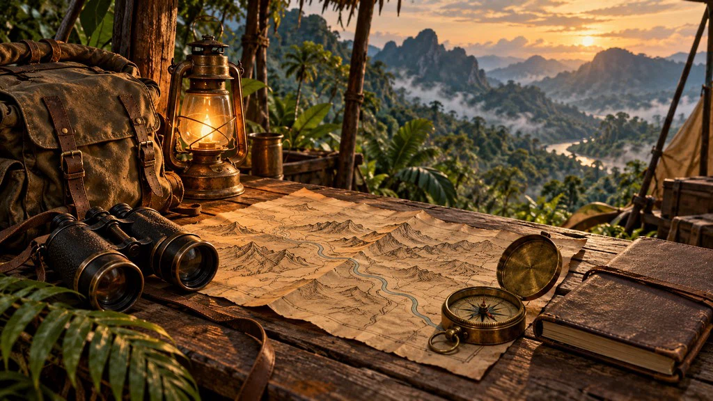 แผนที่ เข็มทิศ และอุปกรณ์เดินทางในค่ายกลางป่า ภาพประกอบการตามรอยเบาะแส
