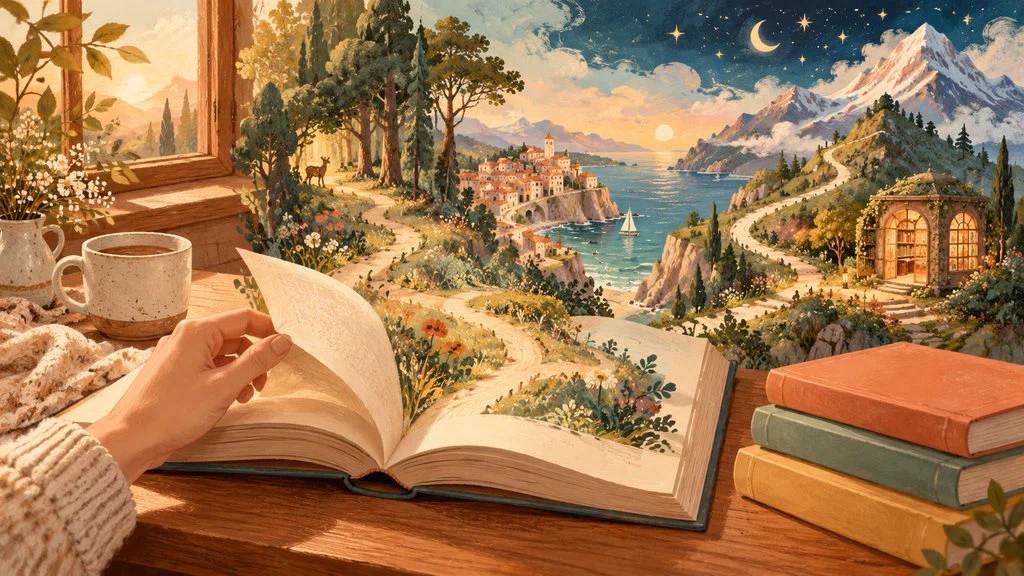 ภาพวาดหนังสือที่เปิดออกเป็นเส้นทางสู่ป่า เมืองริมทะเล และภูเขา สื่อถึงความเป็นไปได้ของการอ่าน