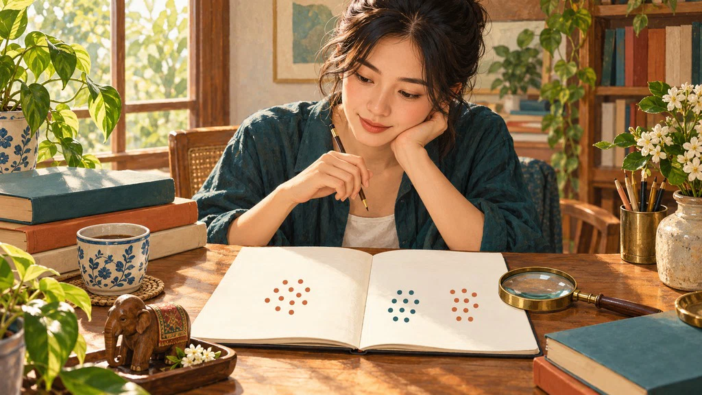ภาพวาดผู้อ่านตรวจข้อมูลหลายกลุ่มในสมุด