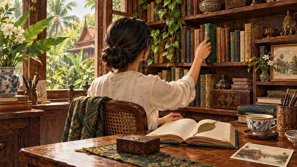 ภาพวาดมุมอ่านหนังสือและของที่ระลึกในบ้าน
