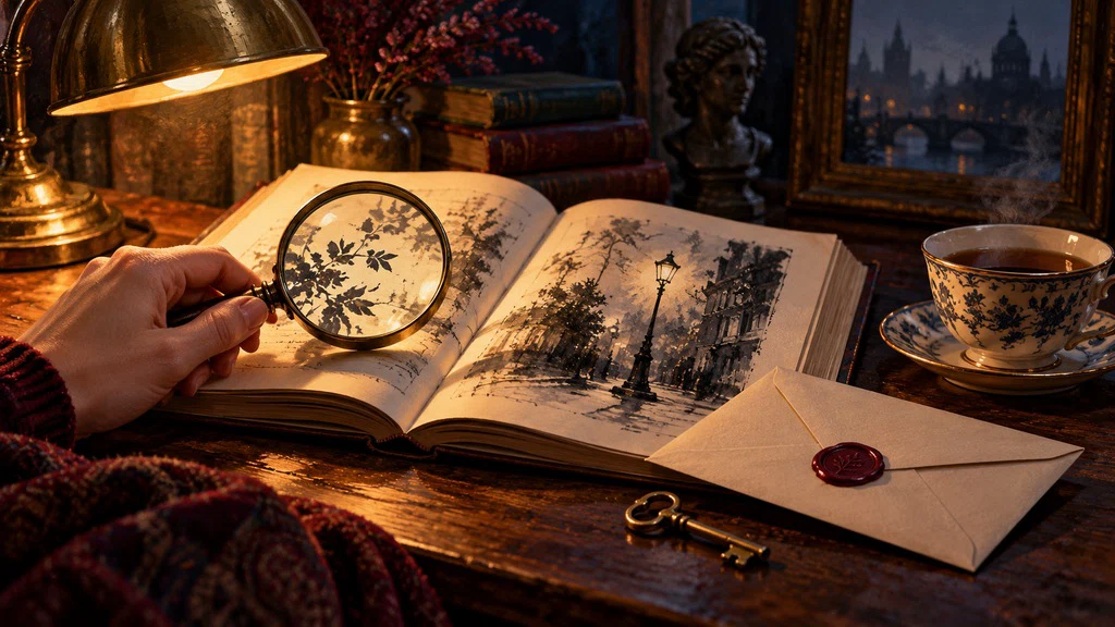 ภาพวาดเชิงสัญลักษณ์ แว่นขยายกับรายละเอียดธรรมดาบนโต๊ะอ่านหนังสือ