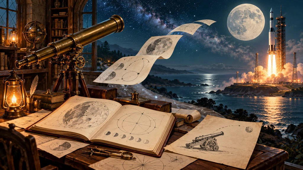 ภาพวาดเชิงสัญลักษณ์ เชื่อมแผนดาราศาสตร์เก่ากับจรวดในโลกจินตนาการ