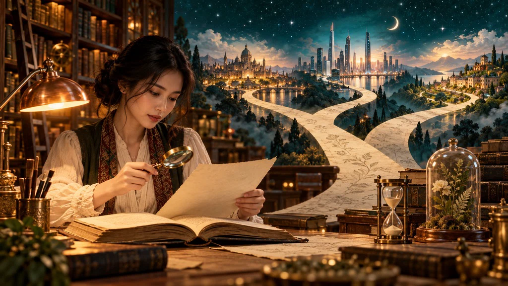 ภาพวาดผู้อ่านตรวจหนังสือเก่า ท่ามกลางเส้นทางสู่อนาคตที่แตกแขนง