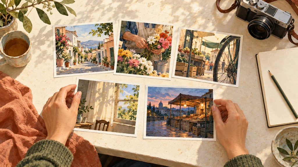 ภาพวาดจินตนาการของการคัดและเรียงภาพบนโต๊ะทำงาน