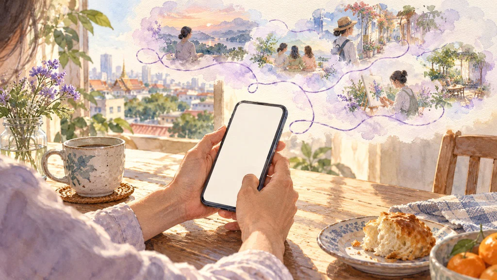 ภาพวาดจินตนาการของข้อความในโทรศัพท์และความคิดที่ลอยไปไกลจากโต๊ะอาหาร