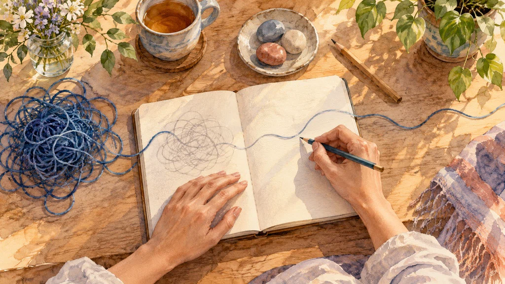 ภาพวาดจินตนาการของการเขียนสิ่งที่กังวลลงสมุดและเลือกก้าวเล็กที่ทำได้