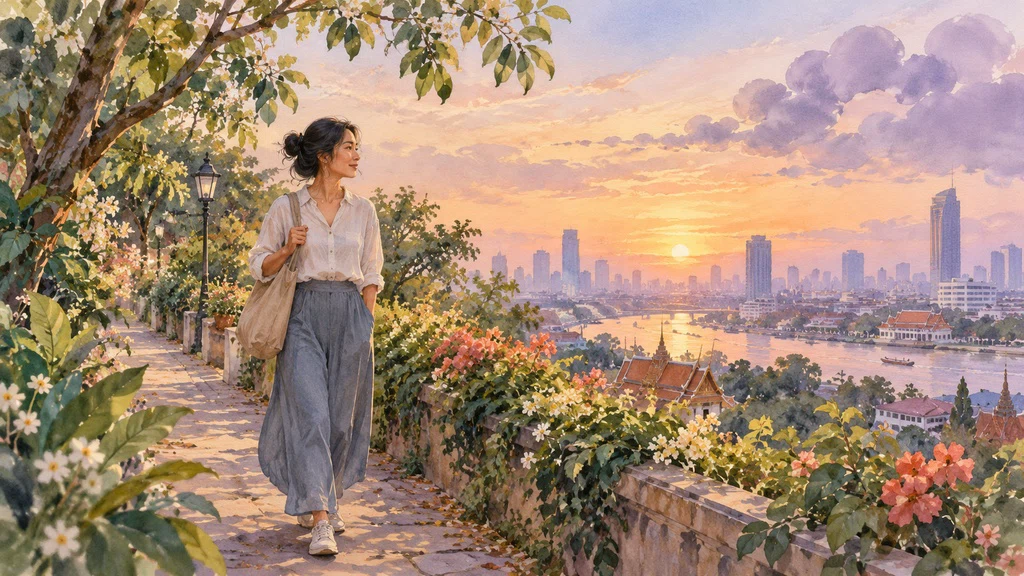 ภาพวาดจินตนาการของการเดินในสวนเล็กท่ามกลางเมืองและรับรู้สิ่งรอบตัว