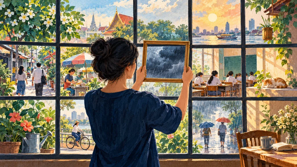 ภาพวาดเชิงสัญลักษณ์ของกรอบภาพเหตุการณ์หนึ่ง ท่ามกลางภาพชีวิตที่กว้างกว่า