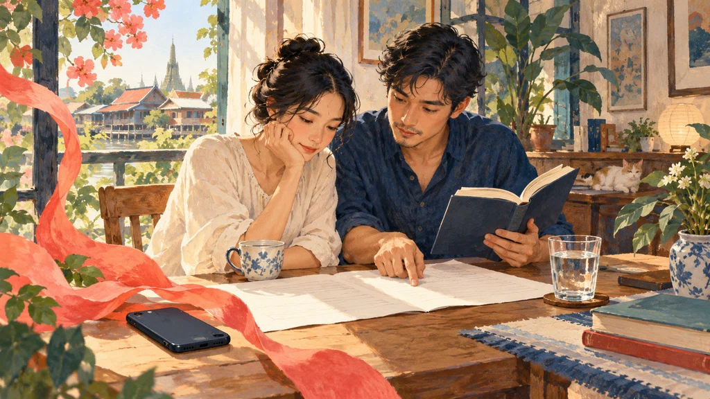 ภาพวาดจินตนาการของการอ่านเรื่องยาวร่วมกัน โดยพักโทรศัพท์ไว้ข้างโต๊ะ