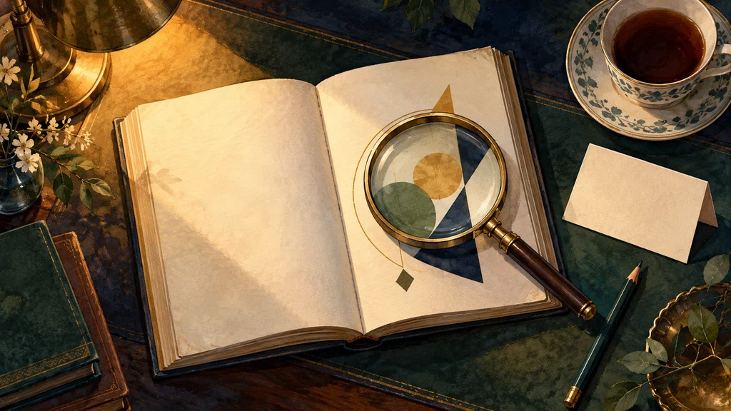 ภาพวาดโต๊ะอ่านหนังสือกับแว่นขยาย สื่อถึงการตามหาคำตอบ