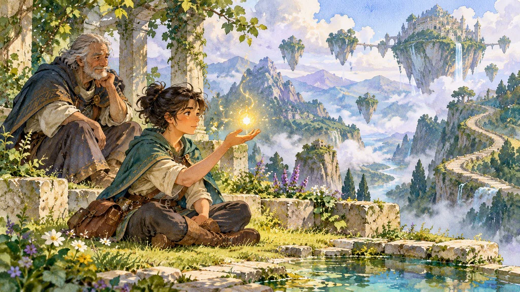 ภาพวาดต้นฉบับ การฝึกฝนกับผู้แนะนำในดินแดนแฟนตาซี