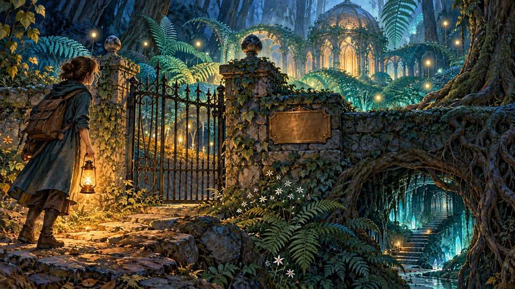 ภาพวาดนักเดินทางถือโคมไฟหน้าประตูป่าลับและทางเดินใต้รากไม้