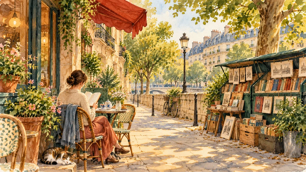 ภาพวาดสีน้ำคนอ่านหนังสือในคาเฟ่ริมทาง ใกล้แผงหนังสือเก่าและแม่น้ำในปารีส