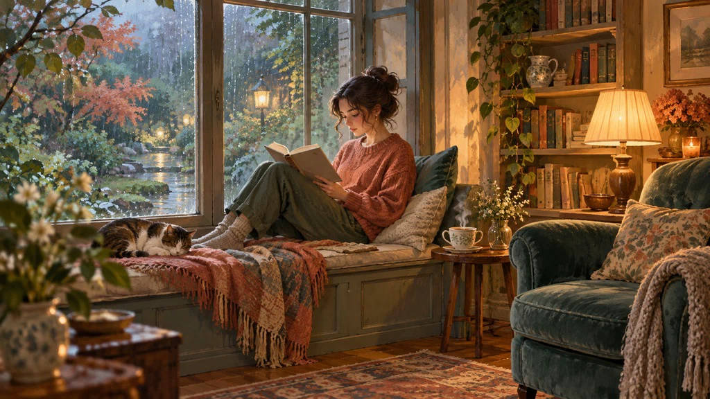 ภาพวาดผู้อ่านนั่งริมหน้าต่าง ในมุมอ่านหนังสืออบอุ่นยามฝนตก