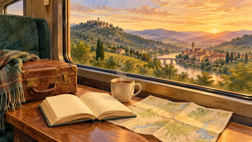ภาพวาดหนังสือกับแผนที่ริมหน้าต่างรถไฟ มองออกไปยังเมืองและภูเขายามเย็น