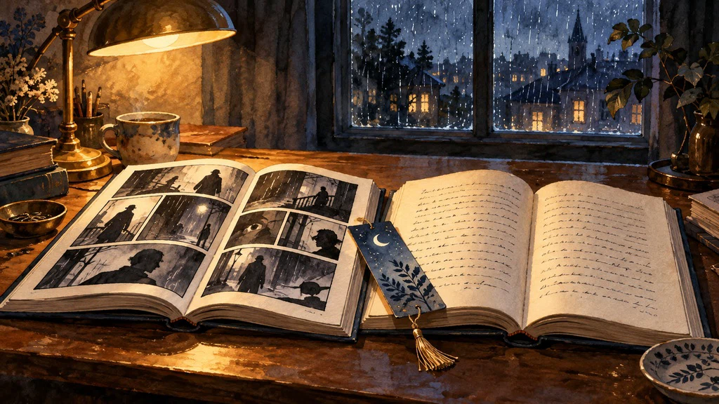 ภาพวาดหนังสือการ์ตูนและนิยายร้อยแก้วเปิดคู่กันใต้แสงไฟอุ่น