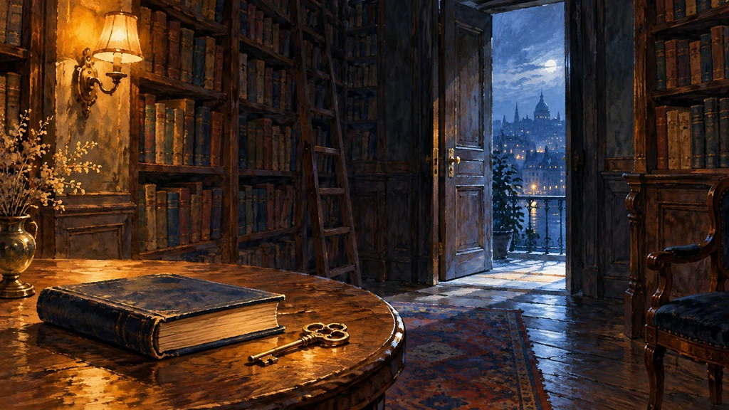 ภาพวาดหนังสือกับกุญแจในห้องสมุด ประตูเปิดไปสู่เมืองยามค่ำ