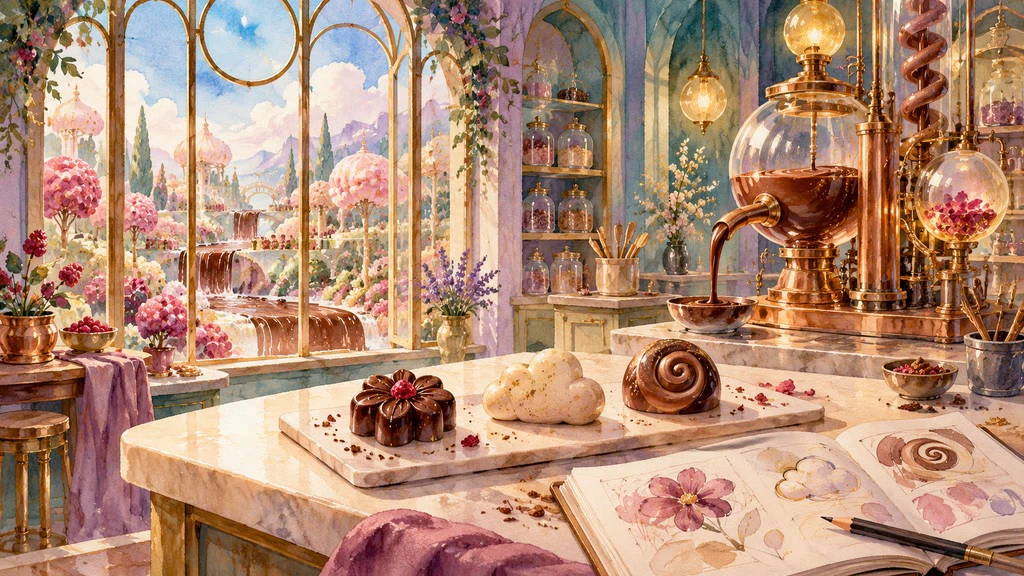 ภาพวาดห้องทดลองขนม มีเครื่องจักรทองแดงและขนมรูปทรงเหนือจริง