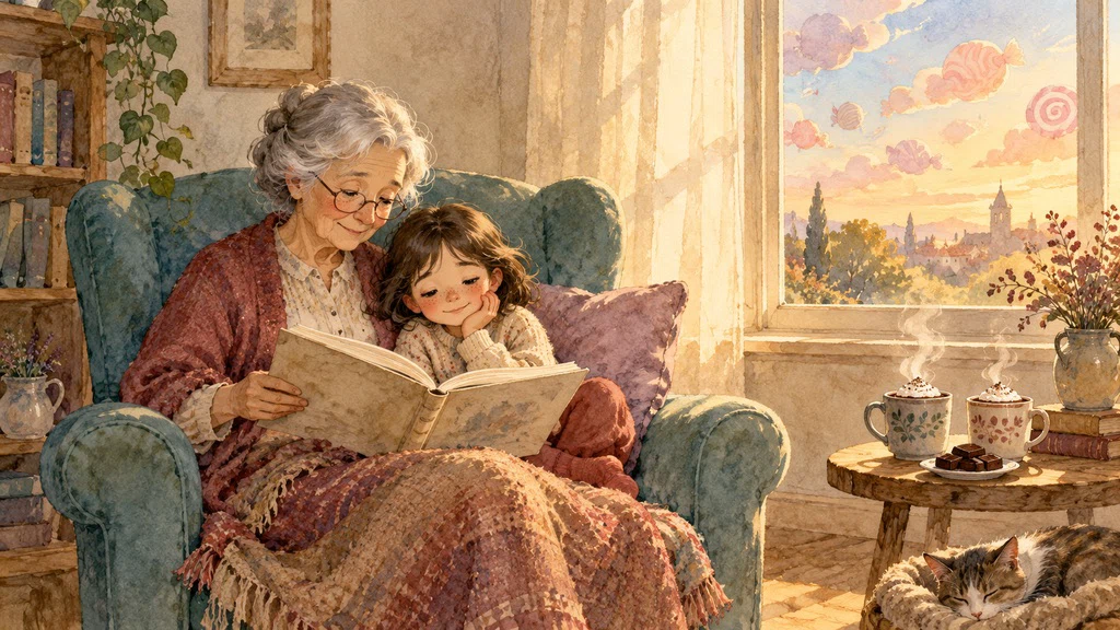 ภาพวาดคนต่างวัยอ่านหนังสือร่วมกันในมุมห้องที่อบอุ่น