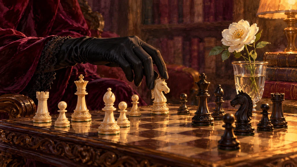 ภาพวาดมือสวมถุงมือเดินหมากรุก สื่อถึงเสน่ห์ของไหวพริบและความสามารถ