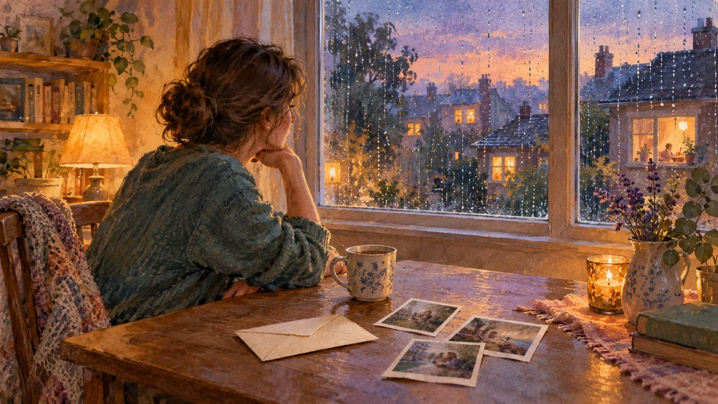 ภาพวาดคนกำลังทบทวนความทรงจำข้างหน้าต่างยามฝนตก