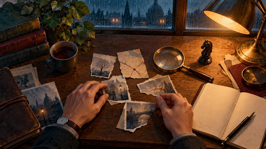 ภาพวาดการต่อชิ้นส่วนข้อมูลบนโต๊ะอ่านหนังสือใต้แสงโคมไฟ