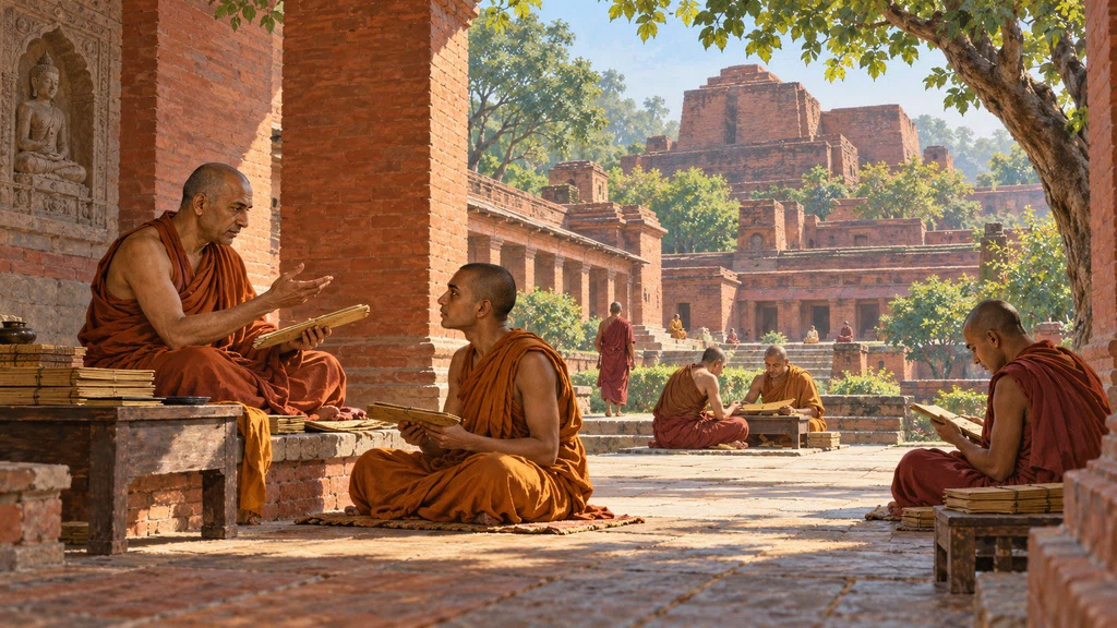 ภาพวาดตีความการเรียนรู้และการอ่านต้นฉบับในลานสำนักนาลันทา
