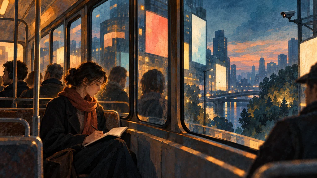 ภาพวาดผู้โดยสารรถรางกับสมุดส่วนตัวท่ามกลางจอและกล้องในเมืองสมมติ