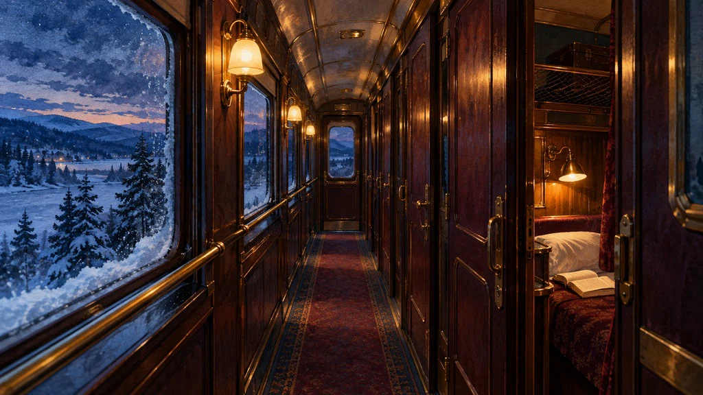 ภาพวาดทางเดินรถไฟเก่าหยุดท่ามกลางหิมะยามค่ำ