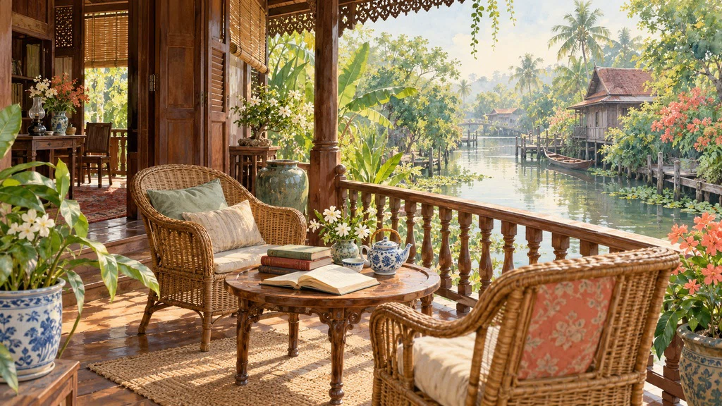 ภาพวาดระเบียงเรือนไม้ริมน้ำกับหนังสือและชุดน้ำชา