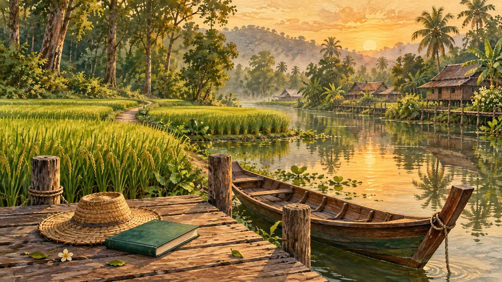 ภาพวาดทุ่งนา คลอง และเส้นทางสู่ชุมชนชนบท