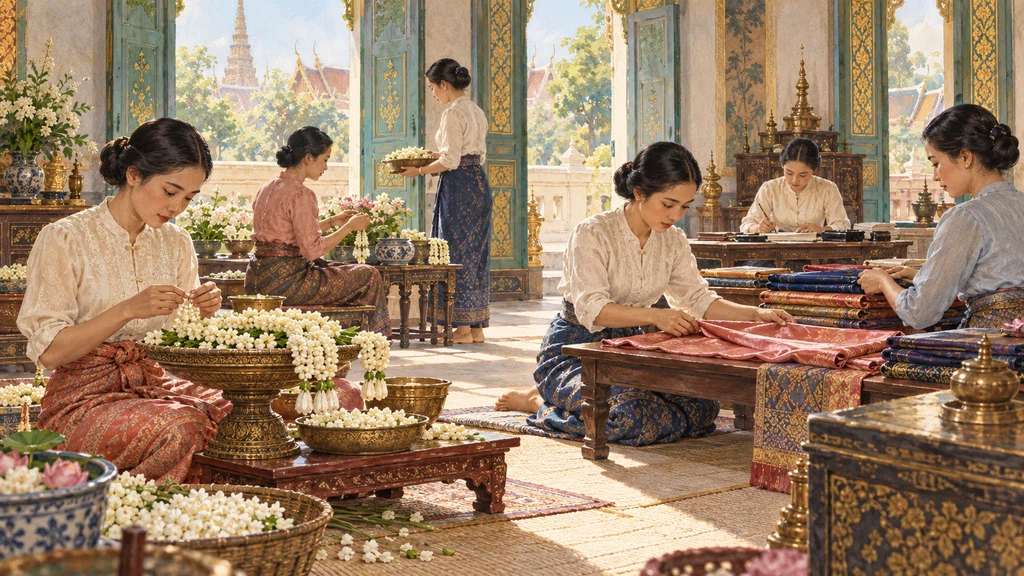 ภาพวาดตีความงานประจำวันในห้องทำงานชาววัง มีการร้อยมาลัยและจัดผ้า