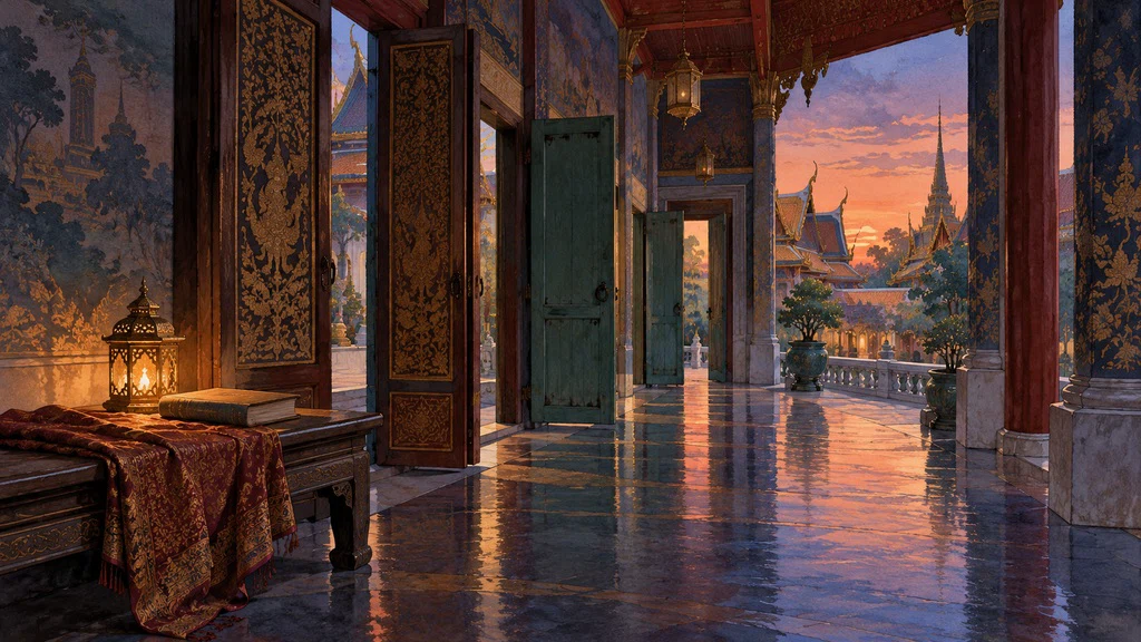 ภาพวาดระเบียงตำหนักและประตูหลายชั้นยามเย็น สื่อถึงชีวิตเบื้องหลังกำแพงวัง