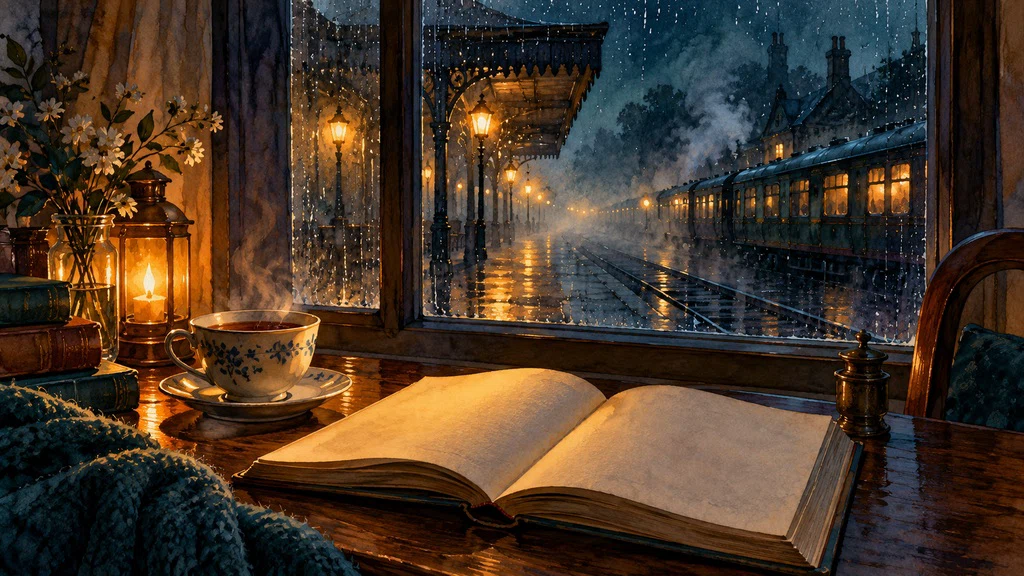 ภาพวาดหน้าต่างคืนฝนกับชานชาลารถไฟในจินตนาการ
