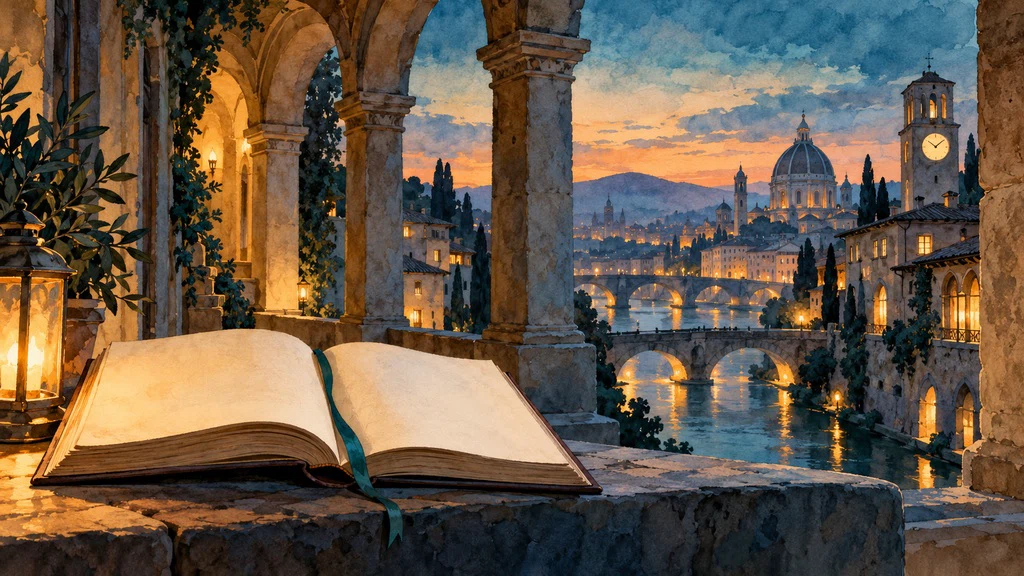ภาพวาดหนังสือเปิดสู่ทางเดินเมืองเก่า สื่อถึงการตามรอยปริศนา
