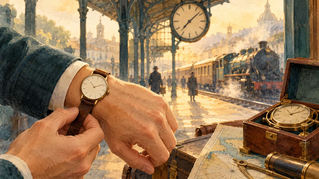 ภาพวาดนาฬิกาข้อมือกับสถานีรถไฟและเครื่องรักษาเวลาทะเล สื่อความสัมพันธ์ของการวัดเวลา