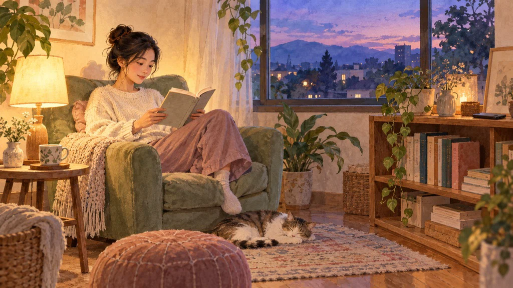 ภาพวาดมุมอ่านหนังสือยามเย็นในห้องเล็กที่อบอุ่น