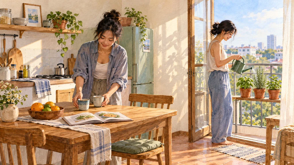 ภาพวาดครัวกับสวนกระถางและการใช้พื้นที่ร่วมกัน