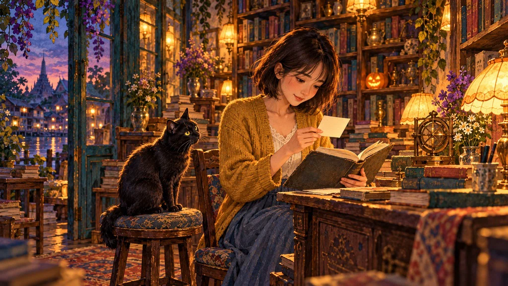 ภาพวาดพิมพบกระดาษคั่นหน้าในร้านหนังสือกับแมวดำ ฉากจากเรื่องแต่ง