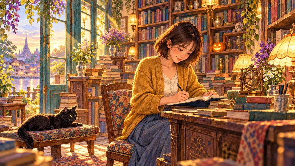 ภาพวาดพิมเขียนเรื่องเล่าลงสมุดในแสงเช้าของร้านหนังสือ ฉากจากเรื่องแต่ง